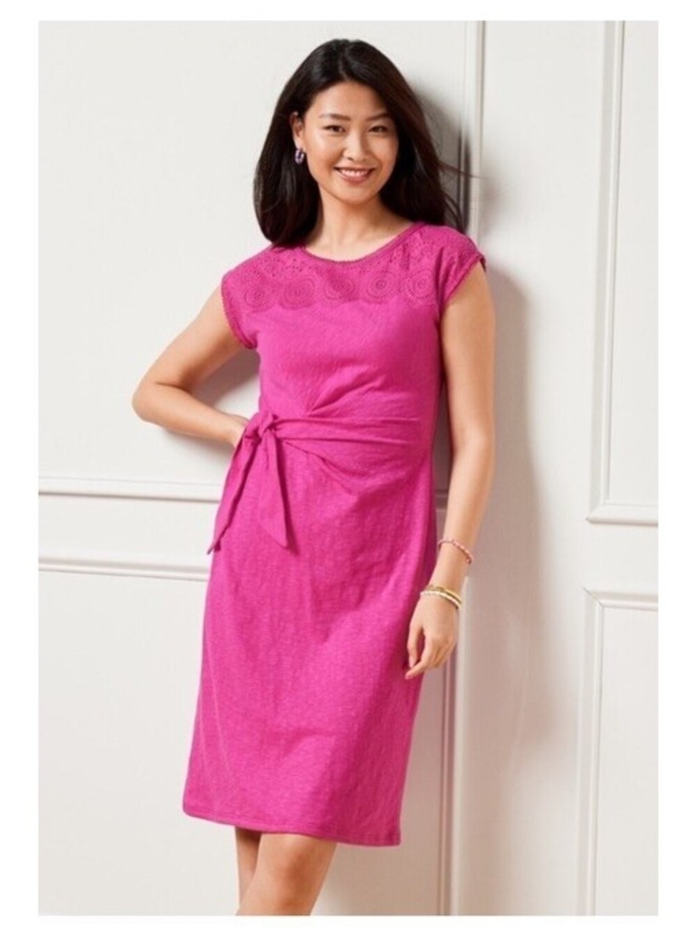 Talbots Nantucket Slub Eyelet Yoke Dress in Hot Pink Jersey Size XL NWOT Cotton